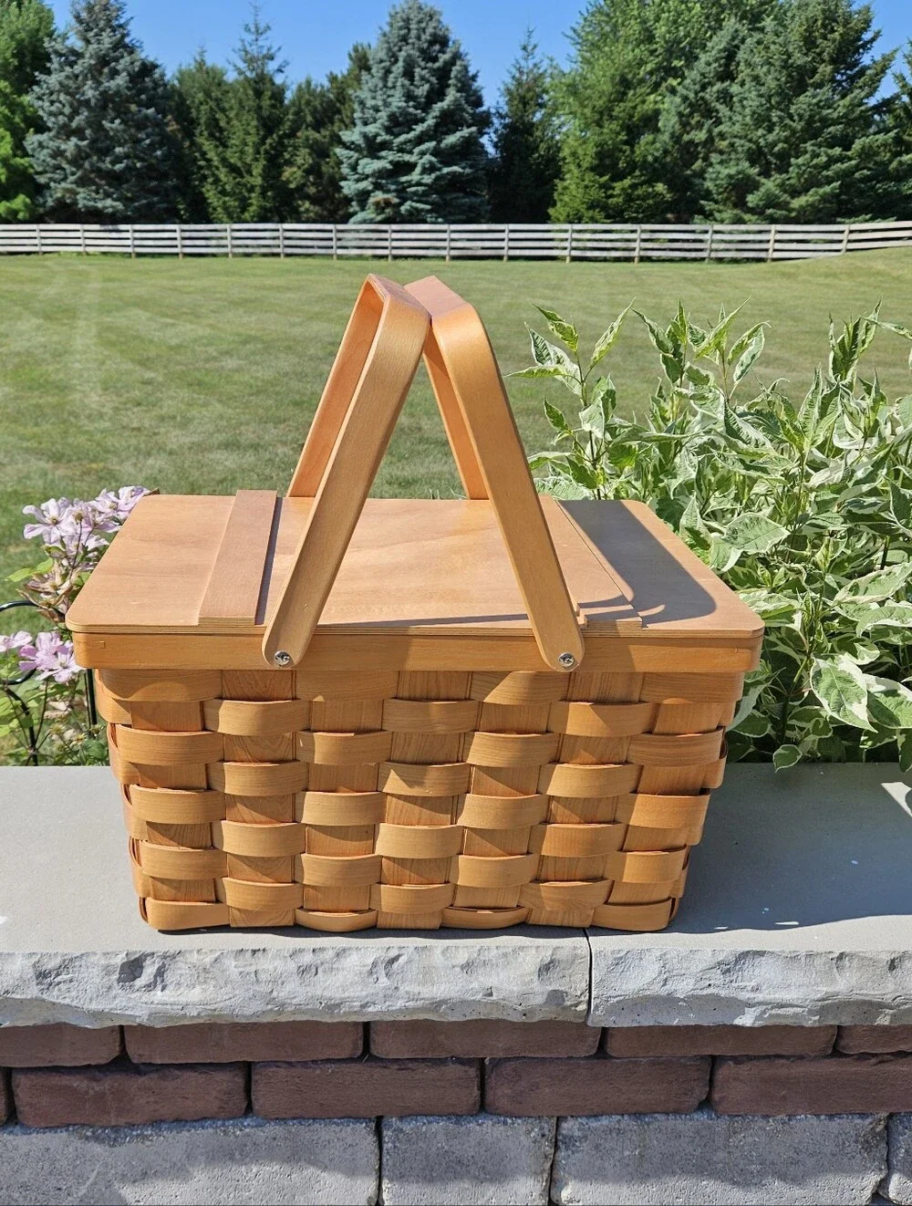 Pottery Barn New Woven Wooden Picnic Basket with Dual Top Handles - Natural Wood